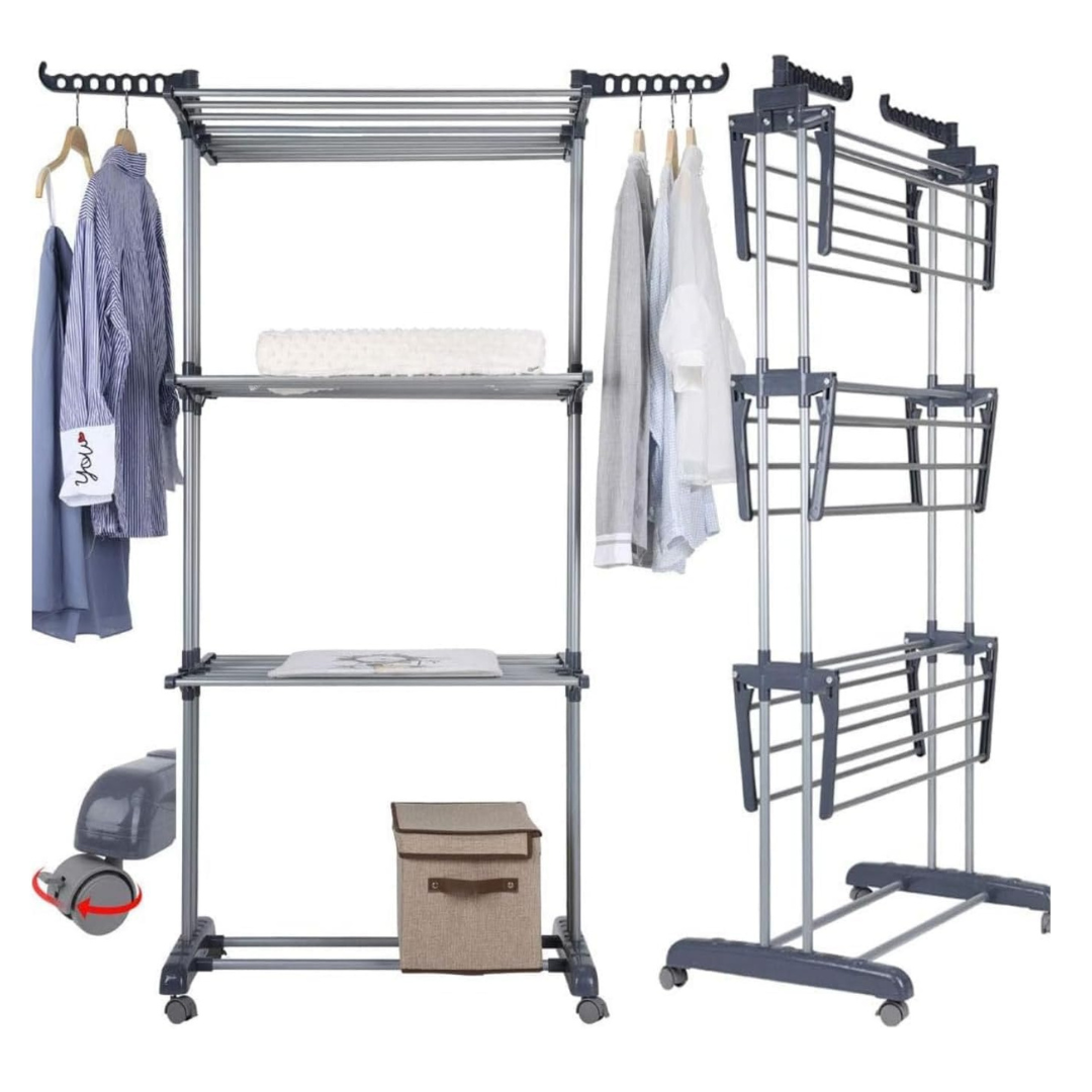 Clothing rack with shelves and clothes on a white background